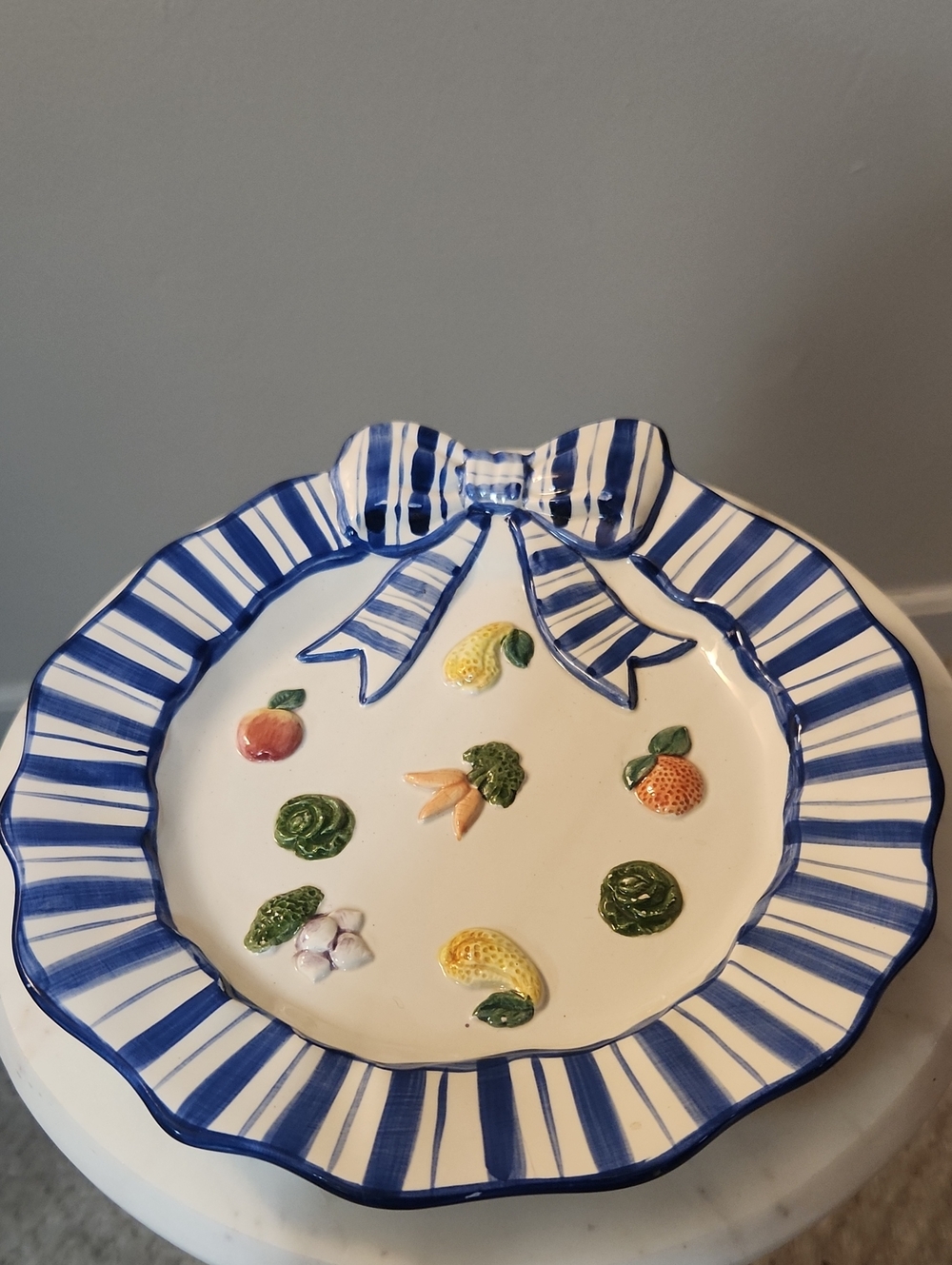 Fitz and Floyd Petite Vegetable Canape Plate 1993 Striped Blue & White Bow